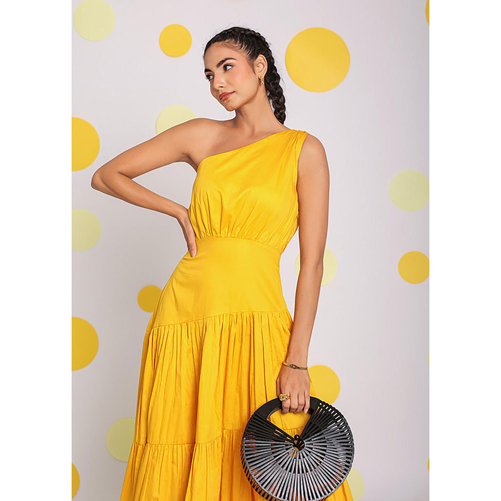 Kaori By Shreya Women Yellow Relaxed Solid Cotton Midi Dress