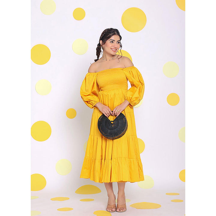 Kaori By Shreya Women Yellow Relaxed Solid Cotton Midi Dress