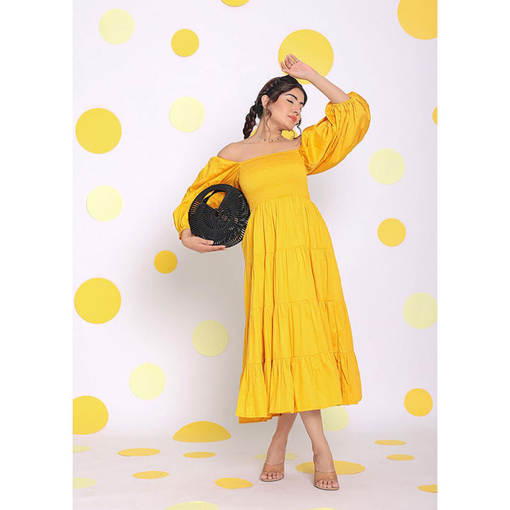 Kaori By Shreya Women Yellow Relaxed Solid Cotton Midi Dress