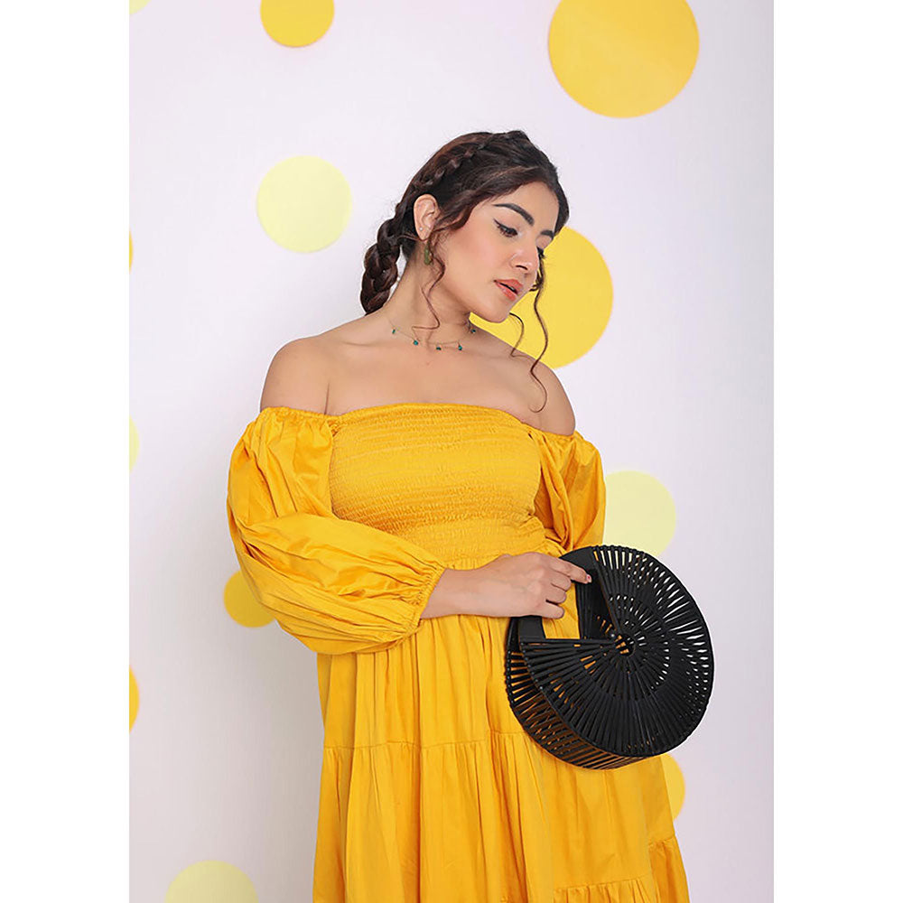 Kaori By Shreya Women Yellow Relaxed Solid Cotton Midi Dress