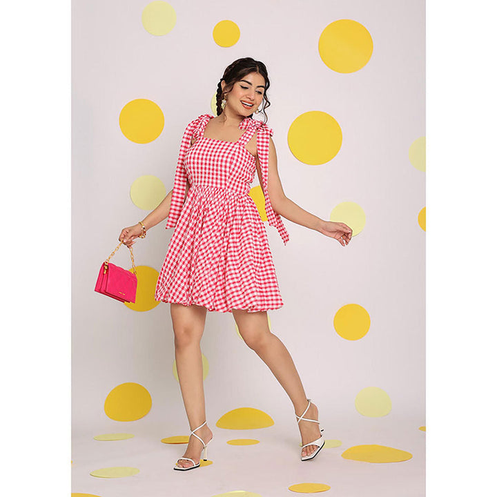 Kaori By Shreya Women Pink Relaxed Checks Cotton Mini Dress