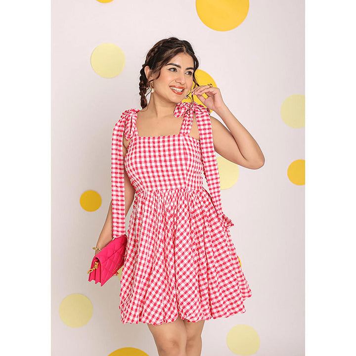 Kaori By Shreya Women Pink Relaxed Checks Cotton Mini Dress