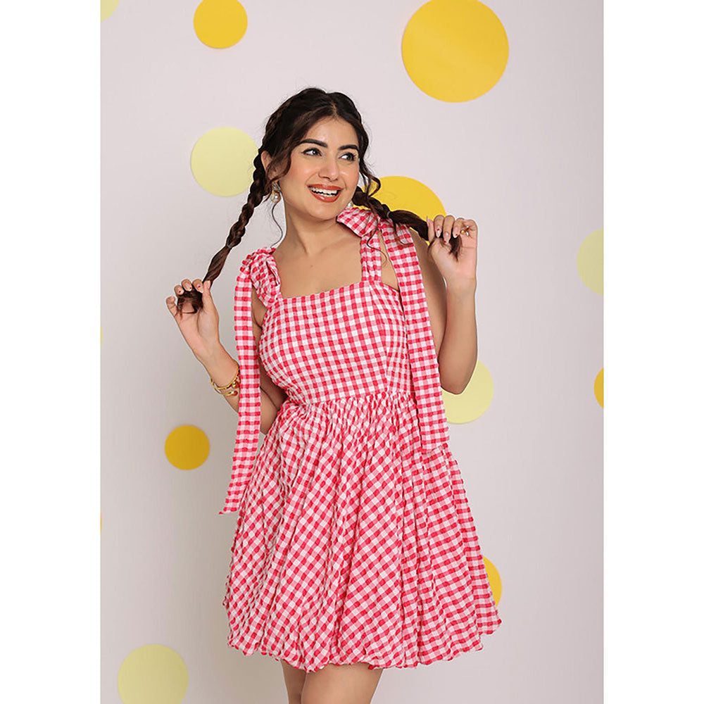 Kaori By Shreya Women Pink Relaxed Checks Cotton Mini Dress