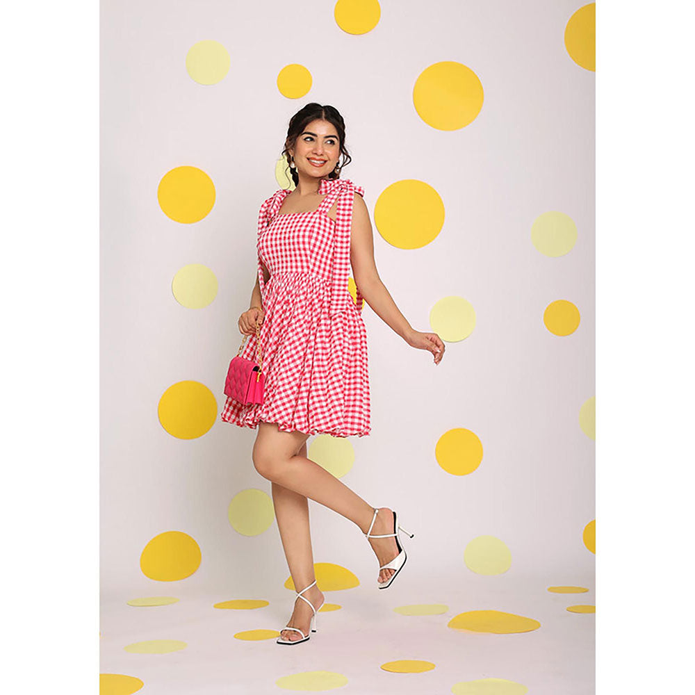 Kaori By Shreya Women Pink Relaxed Checks Cotton Mini Dress