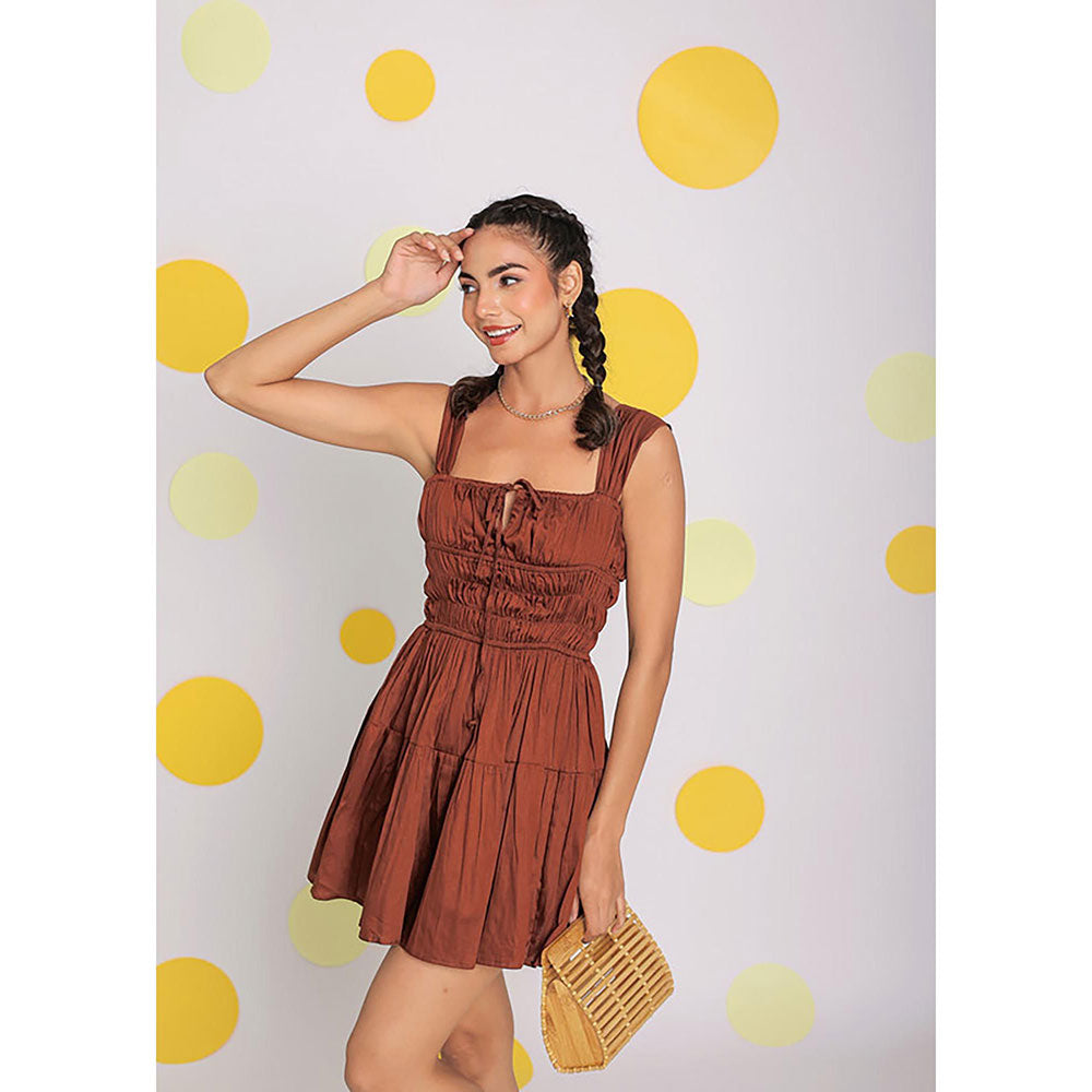 Kaori By Shreya Women Brown Relaxed Solid Cotton Mini Dress