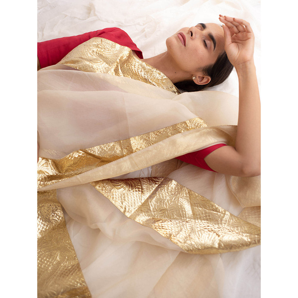 KAPARDARA A Pure Silk Organza Saree In The Shade Of Cream Handcrafted With Gold Lampe Border