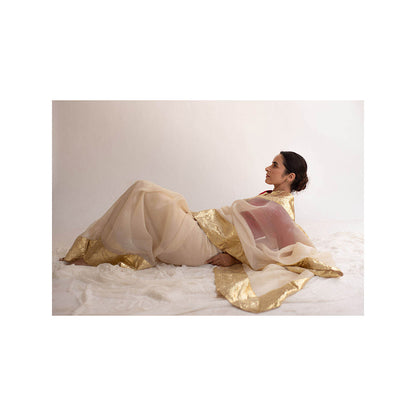 KAPARDARA A Pure Silk Organza Saree In The Shade Of Cream Handcrafted With Gold Lampe Border