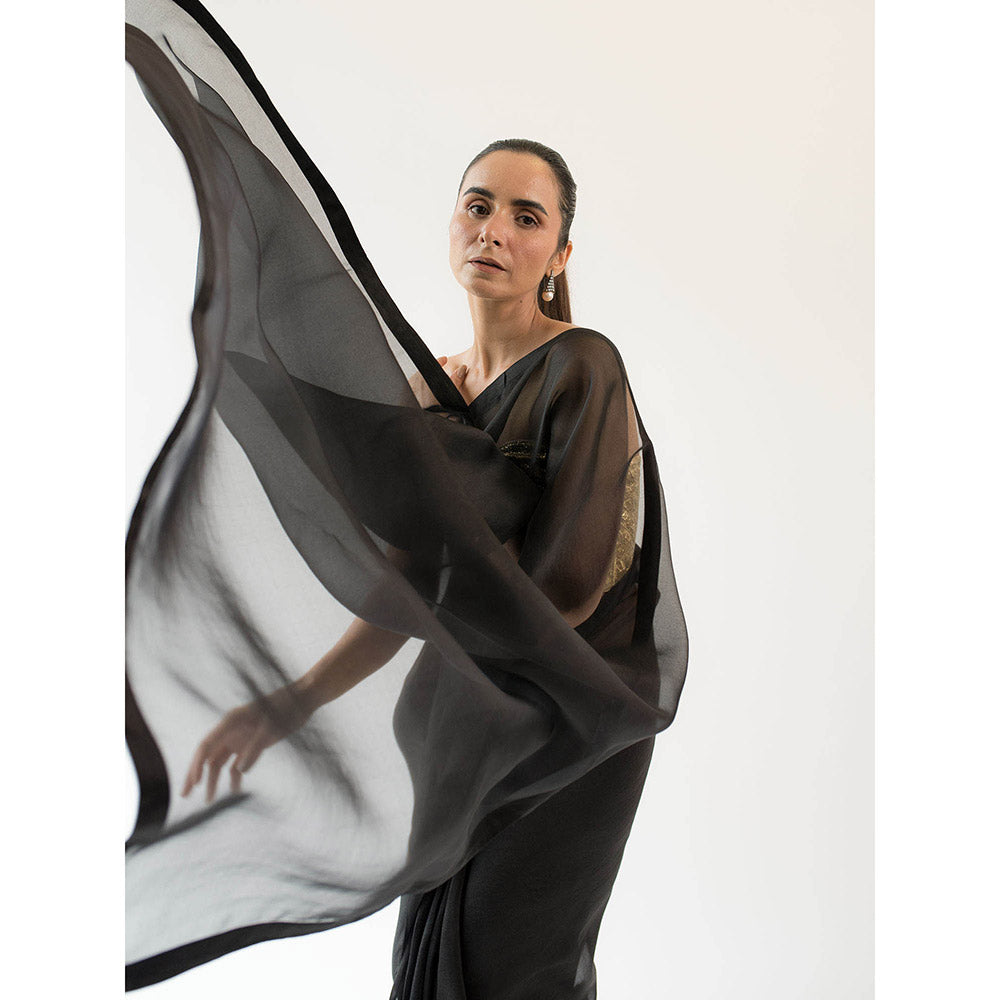 KAPARDARA Asters Pure Silk Organza Saree In The Shade Of Black Featuring A Border