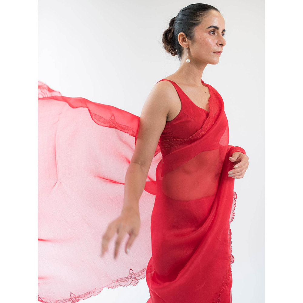 KAPARDARA Eagle Nebula Saree A Pure Silk Organza Saree In The Shade Of Red