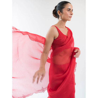 KAPARDARA Eagle Nebula Saree A Pure Silk Organza Saree In The Shade Of Red