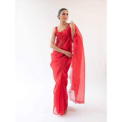 KAPARDARA Eagle Nebula Saree A Pure Silk Organza Saree In The Shade Of Red