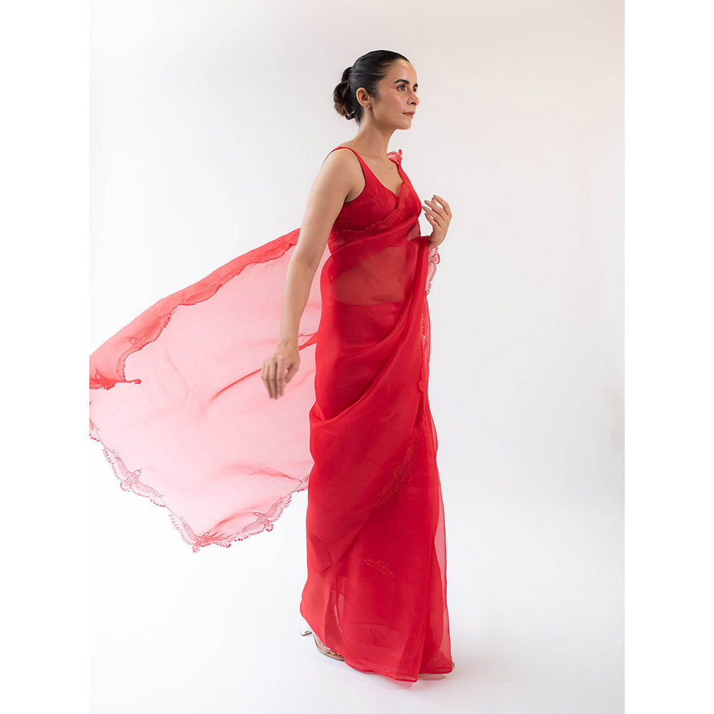 KAPARDARA Eagle Nebula Saree A Pure Silk Organza Saree In The Shade Of Red