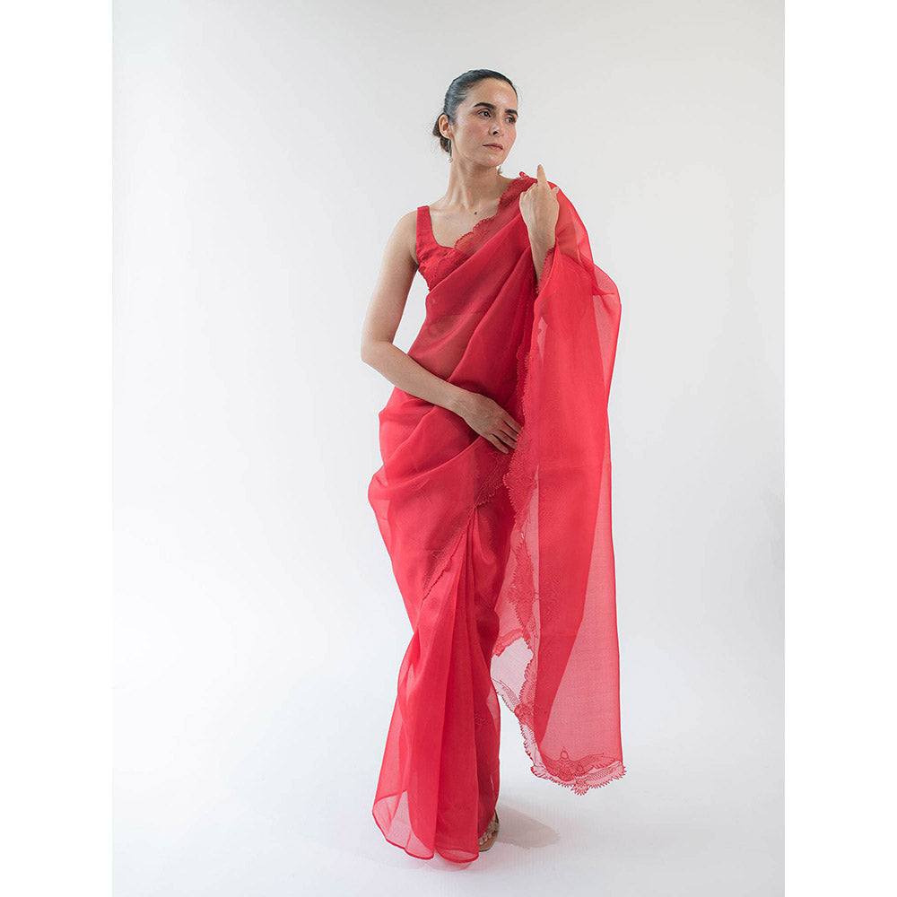 KAPARDARA Eagle Nebula Saree A Pure Silk Organza Saree In The Shade Of Red