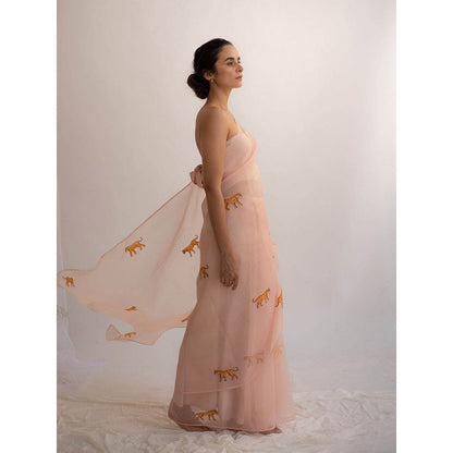 KAPARDARA A Pure Silk Organza Saree In The Shade Of Rose Pink With Hand Painted Motifs