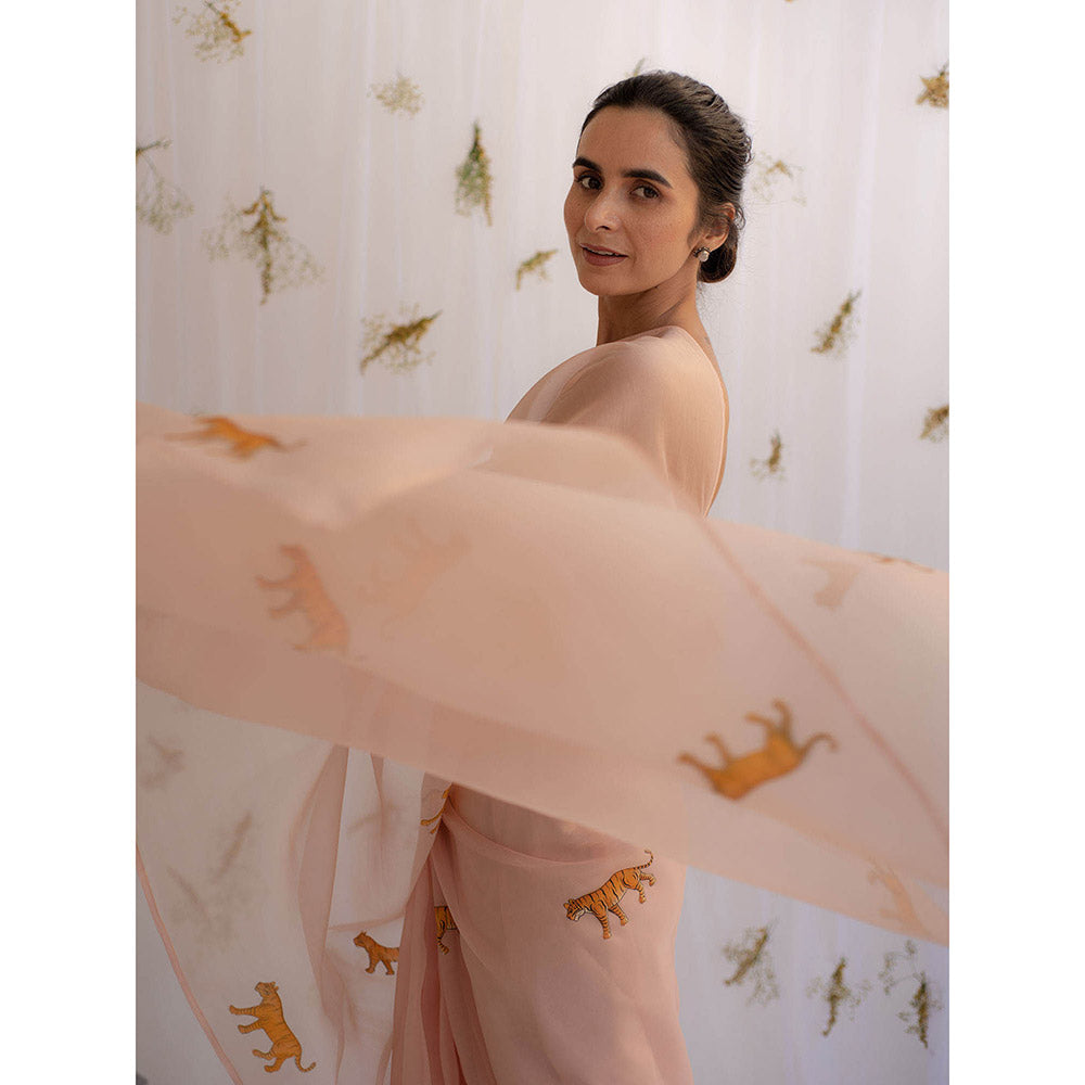 KAPARDARA A Pure Silk Organza Saree In The Shade Of Rose Pink With Hand Painted Motifs