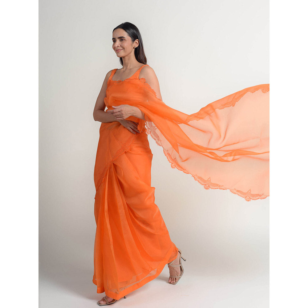 KAPARDARA Eagle Nebula Saree A Pure Silk Organza Saree In The Shade Of Orange