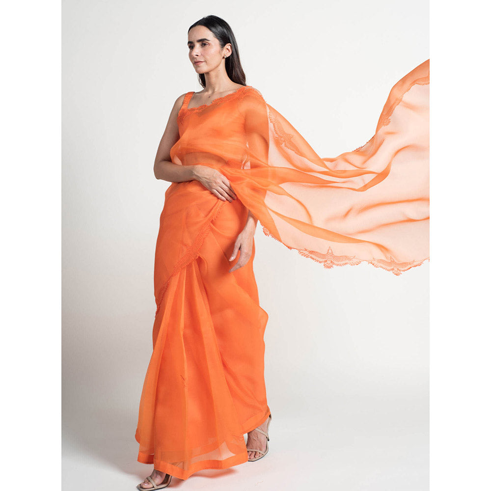 KAPARDARA Eagle Nebula Saree A Pure Silk Organza Saree In The Shade Of Orange