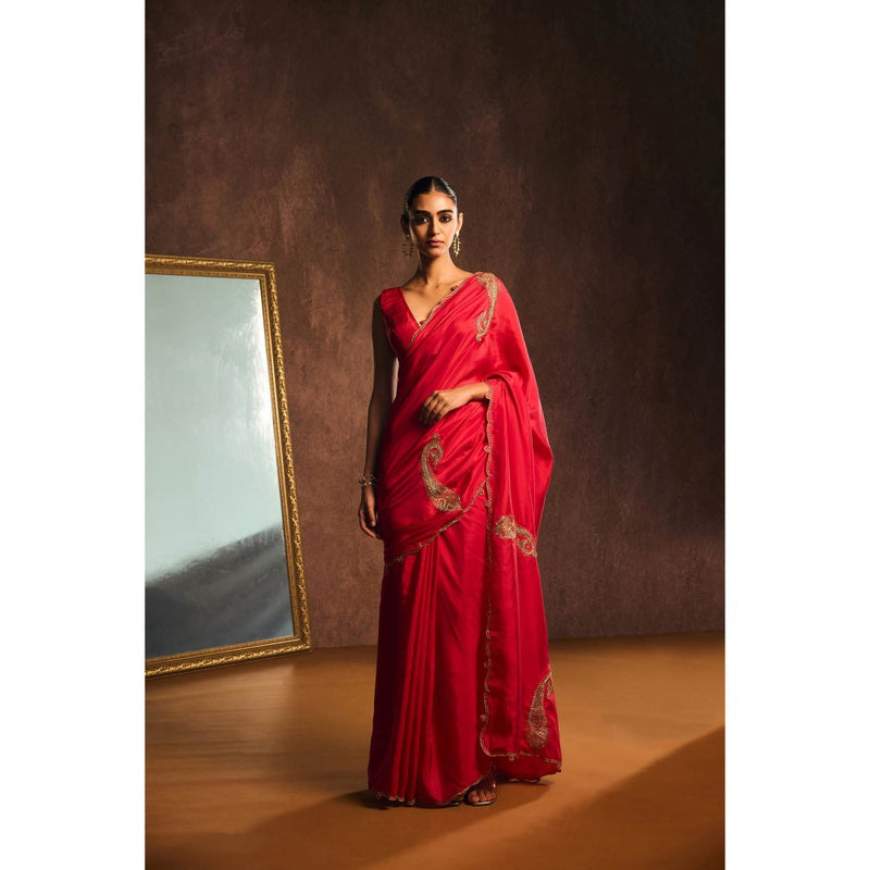 KAPARDARA Rouge Red Saree without Blouse