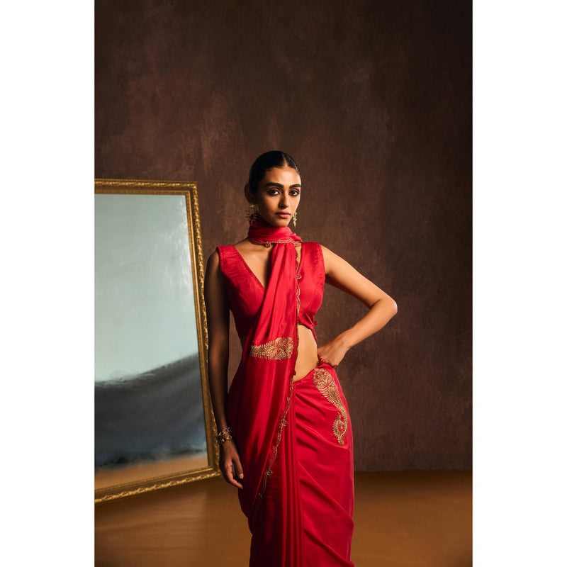 KAPARDARA Rouge Red Saree without Blouse