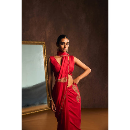 KAPARDARA Rouge Red Saree without Blouse