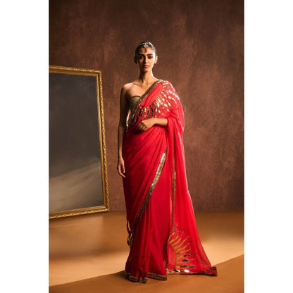 KAPARDARA Persian Red Saree without Blouse