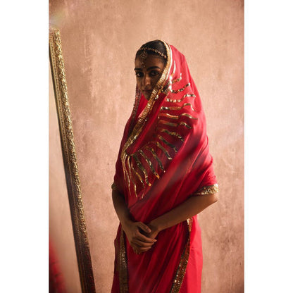 KAPARDARA Persian Red Saree without Blouse