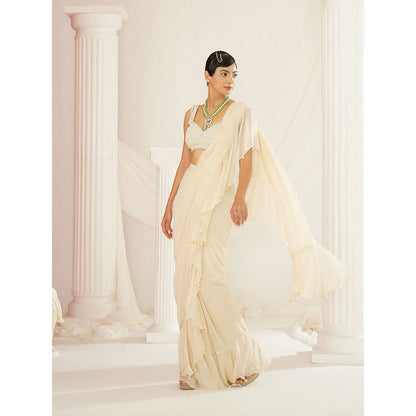 Kapda Dori Ivory Embellished Pre-Draped Ruffle Saree with Stitched Blouse