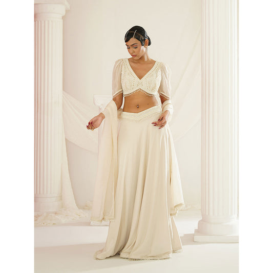 Kapda Dori Ivory Crystals and Pearl Lehenga with Blouse and Dupatta (Set of 3)