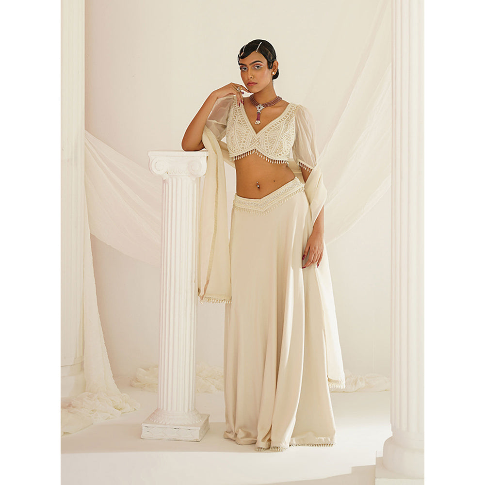 Kapda Dori Ivory Crystals and Pearl Lehenga with Blouse and Dupatta (Set of 3)