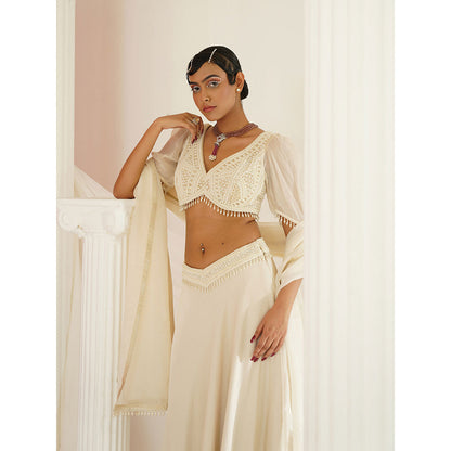 Kapda Dori Ivory Crystals and Pearl Lehenga with Blouse and Dupatta (Set of 3)