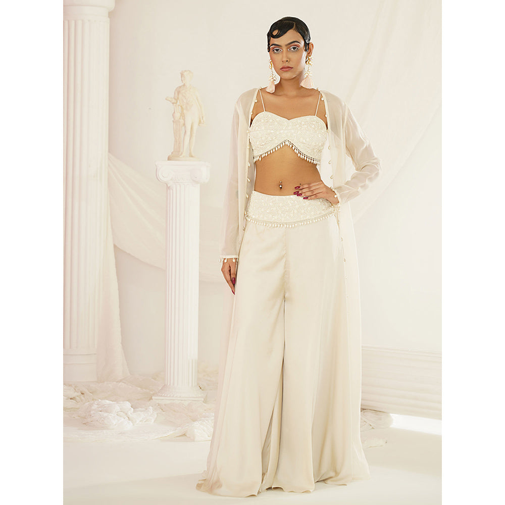 Kapda Dori Ivory Crytal's and Pearl Blouse with Palazzo and Jacket (Set of 3)