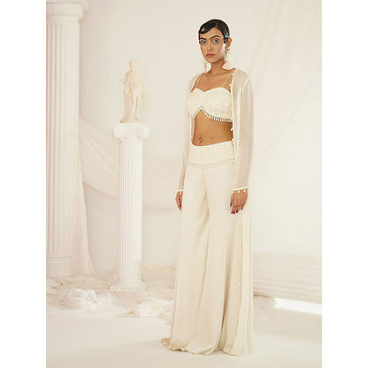 Kapda Dori Ivory Crytal's and Pearl Blouse with Palazzo and Jacket (Set of 3)