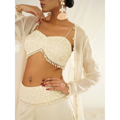 Kapda Dori Ivory Crytal's and Pearl Blouse with Palazzo and Jacket (Set of 3)