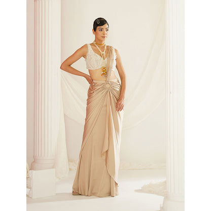 Kapda Dori Nude Embellished Pre-Draped Drape Saree with Stitched Blouse
