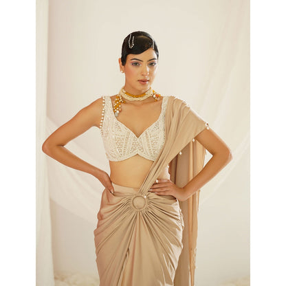 Kapda Dori Nude Embellished Pre-Draped Drape Saree with Stitched Blouse
