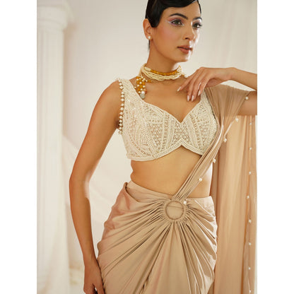 Kapda Dori Nude Embellished Pre-Draped Drape Saree with Stitched Blouse