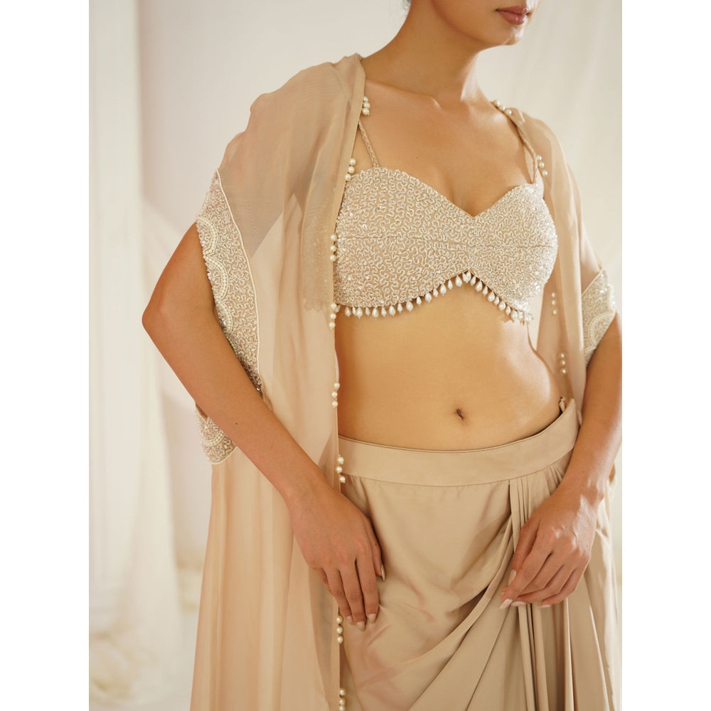 Kapda Dori Nude Embellished Blouse with Skirt and Cape (Set of 3)