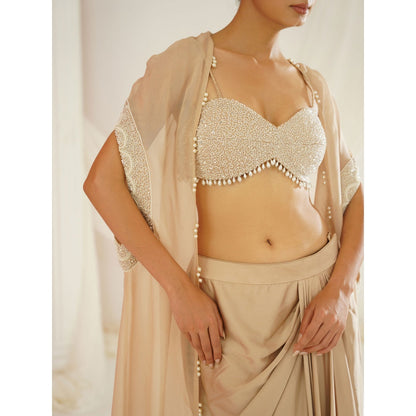 Kapda Dori Nude Embellished Blouse with Skirt and Cape (Set of 3)
