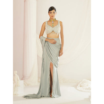 Kapda Dori Sage Green Embroidered Pre-Draped Drape Saree with Stitched Blouse