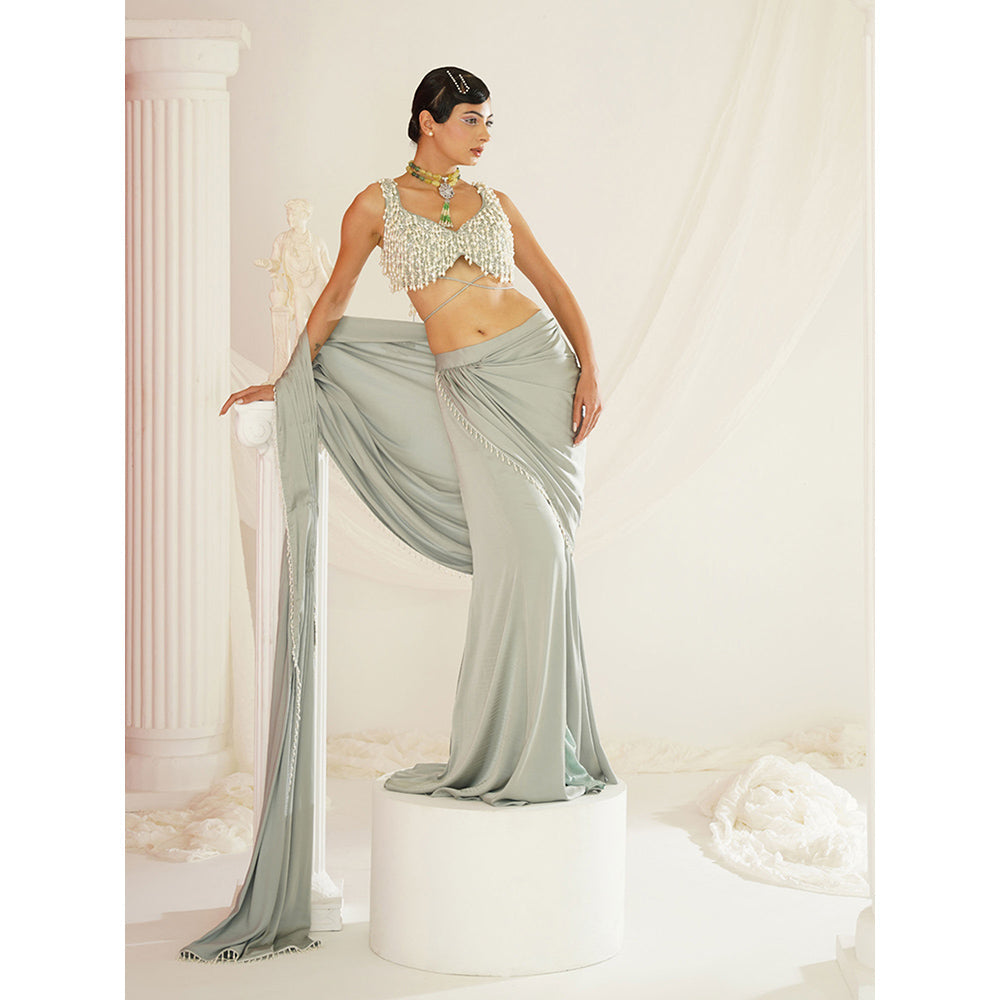 Kapda Dori Sage Green Embroidered Pre-Draped Drape Saree with Stitched Blouse