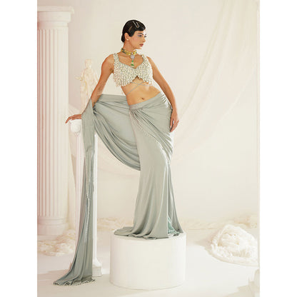 Kapda Dori Sage Green Embroidered Pre-Draped Drape Saree with Stitched Blouse