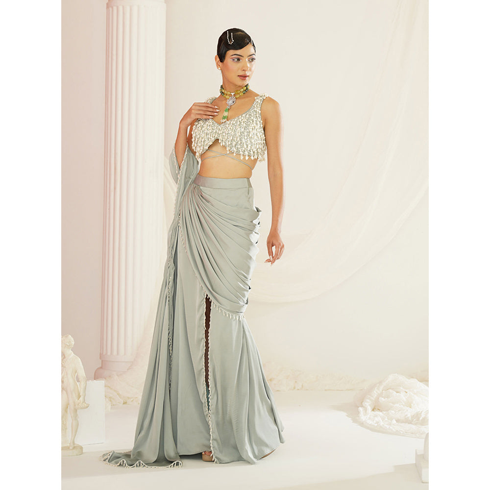 Kapda Dori Sage Green Embroidered Pre-Draped Drape Saree with Stitched Blouse