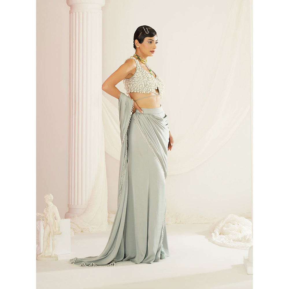 Kapda Dori Sage Green Embroidered Pre-Draped Drape Saree with Stitched Blouse