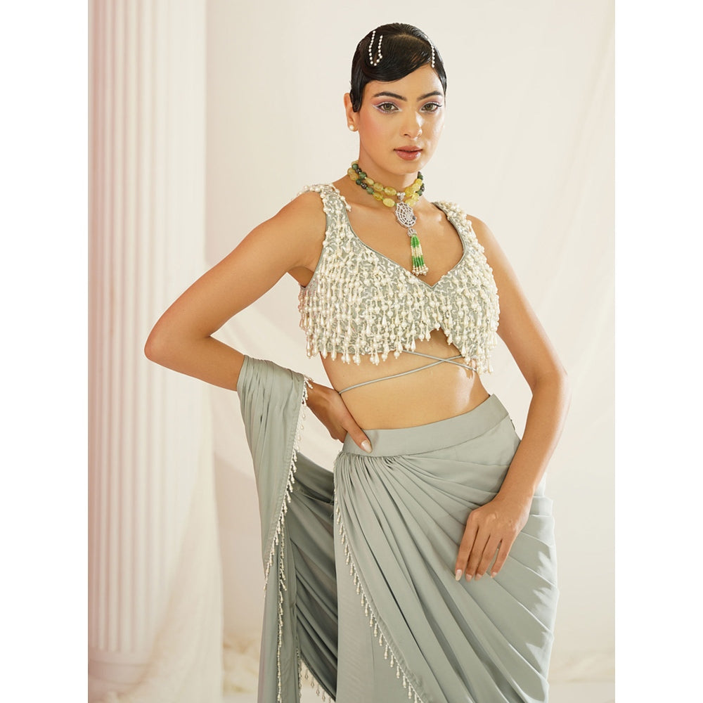 Kapda Dori Sage Green Embroidered Pre-Draped Drape Saree with Stitched Blouse