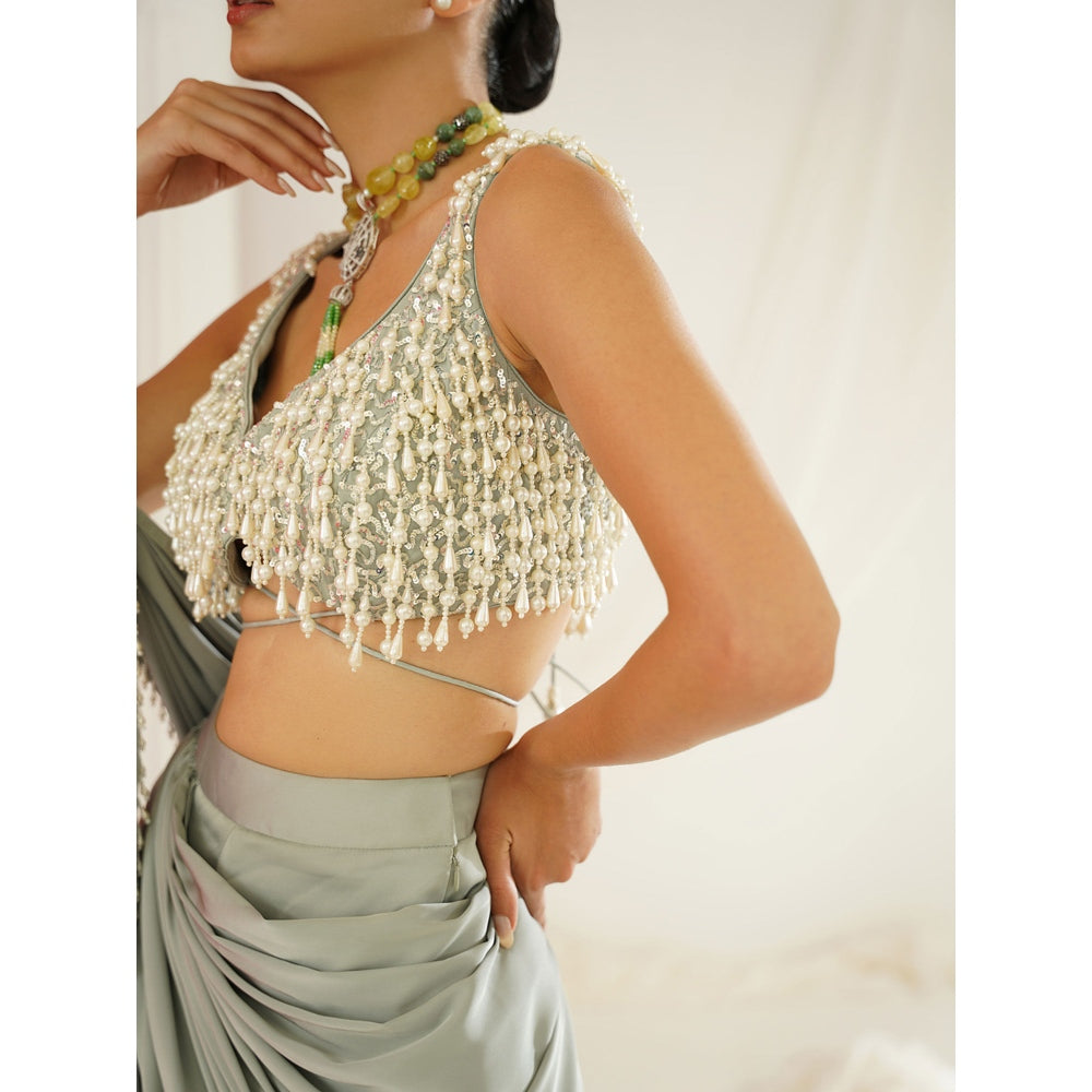 Kapda Dori Sage Green Embroidered Pre-Draped Drape Saree with Stitched Blouse