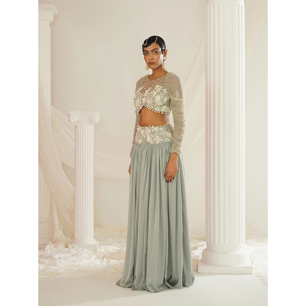 Kapda Dori Sage Green Embroidered Lehenga with Blouse and Dupatta (Set of 3)