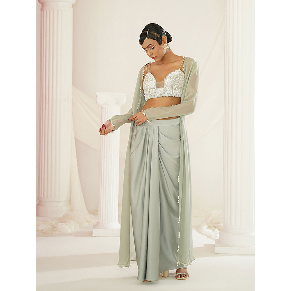 Kapda Dori Sage Green Embellished Blouse with Skirt and Long Cape (Set of 3)