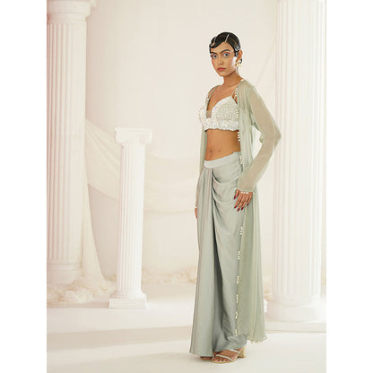 Kapda Dori Sage Green Embellished Blouse with Skirt and Long Cape (Set of 3)
