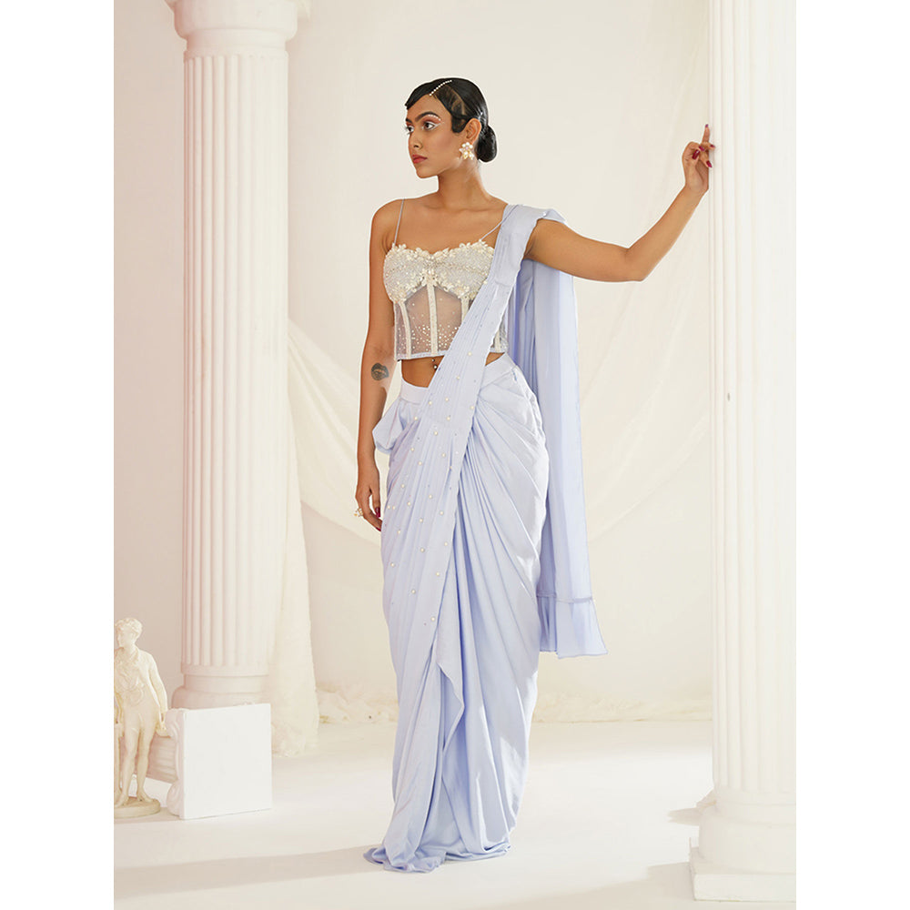 Kapda Dori Powder Blue Embroidered Pre-Draped Drape Saree with Stitched Blouse