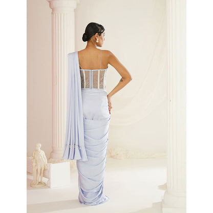 Kapda Dori Powder Blue Embroidered Pre-Draped Drape Saree with Stitched Blouse